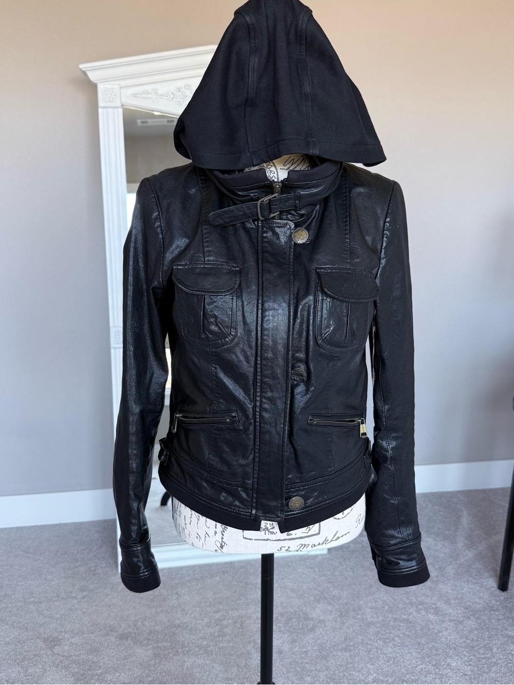 Black Andrew Marc Genuine Leather Moto Utility Jacket - Small w/ Hood - Picture 7 of 12